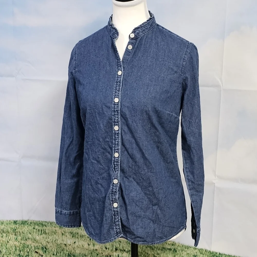 J. CREW | 100% COTTON DENIM RUFFLE NECK BUTTON DOWN BOYFRIEND SHIRT